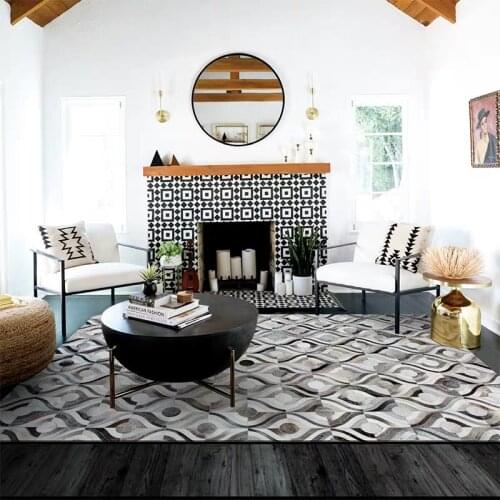 Nordic style real cowhide handmade patchwork living room rug, natural fur gray geometric bedside carpet,decorative hotel carpet