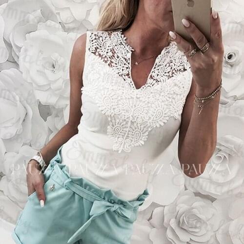 Summer Casual Vest Female White Tees Shirts Sleeveless Lace Tops Women Blouse Slim Tops V-Neck Shirt