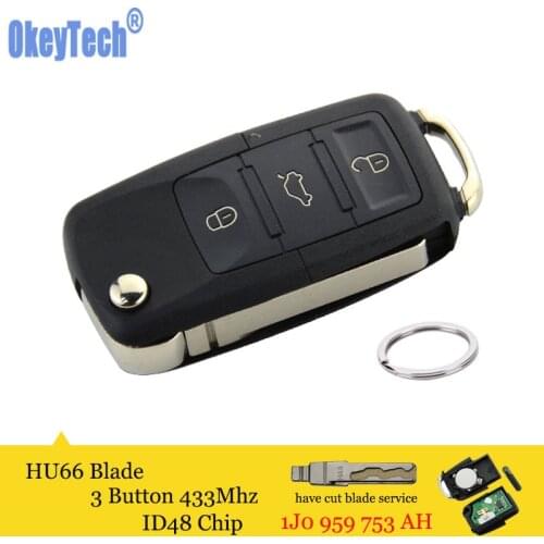 OkeyTech Remote Car Key for V W Golf Passat Polo Bora EOS CC Flip Key Ring ID48 Chip 433Mhz 3 Button Blank Blade HAA 1J0959753AH