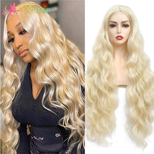 X-TRESS Long Blonde Body Wavy Synthetic Wigs for Women Middle Lace Part Wigs Heat Resistant Wavy Fiber Hair Daily Cosplay Wigs