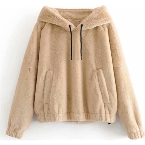 PUWD Casual Woman Oversized Faux Fur Hoodies Fad Vogue Ladies Winter Soft Warm Pullover Female Chic Loose Solid Color Outwear