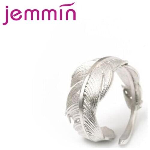 100% 925 Sterling Silver Feather Shape Open Finger Ring Adjustable Size Rings For Women Girls Wedding Anniversary Jewelry