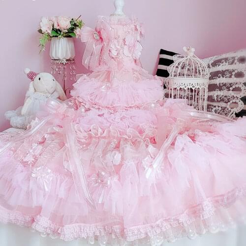 Handmade Luxury Dog Dress Wedding Clothes Pet Apparel 2 Choice Classic Lace Pink Embroidery Ribbon Bow Tailing Gown Tiered Skirt