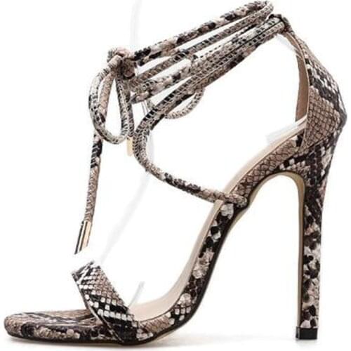 HOT Summer Women High Heels Sandals lady Pumps PU Lace Up Thin High heel Open Toed Snake pattern Classics fashion women shoes