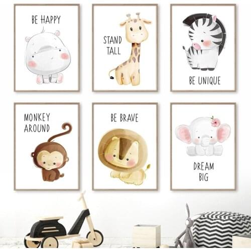 Lion Elephant Zebra Hippo Baby Wall Art Canvas Painting Nordic Giraffe Posters And Prints Wall Pictures Kawaii Kids Room Decor