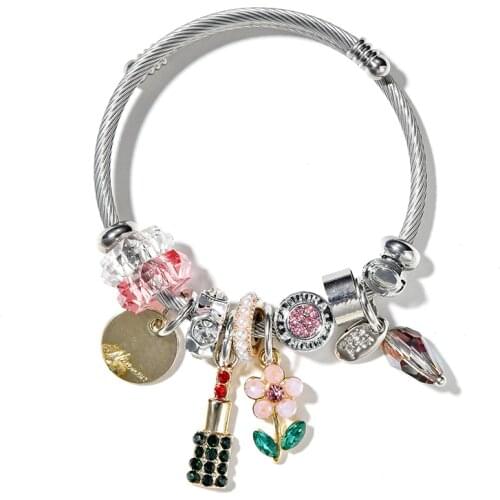 Boho Stainless Steel Silver Bracelets For Women Sweet Crystal Flower Drop Bracelets & Bangles For Lady Party Jewelry Accessories