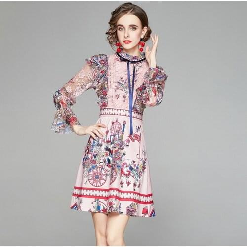 2021 New Womens Summer Pink Long Sleeve Lace Patchwork Shredded Floral Printing Temperament Slim Mini Dresses