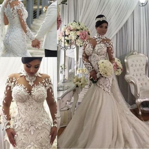 Plus Size Illusion Long Sleeve Mermaid Wedding Dresses Nigeria High Neck Full back Dubai Arabic Castle Wedding Gown