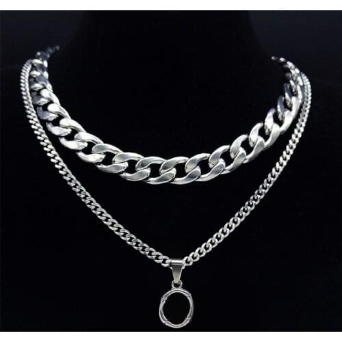 2PCS Stainless Steel Punk O Letter Double Layered Necklaces Silver Color Jewelry acero inoxidable joyeria mujer NK86S03
