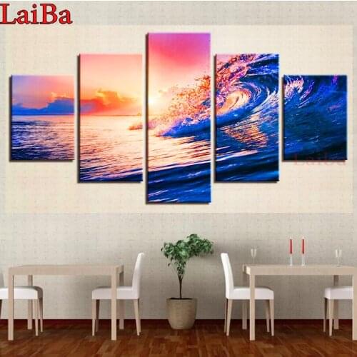 5 PCS Multi-picture Full,Diamond Embroidery,5D,diy Diamond Painting,Cross Stitch,Mosaic sea Wave sunset pattern puzzle decor art