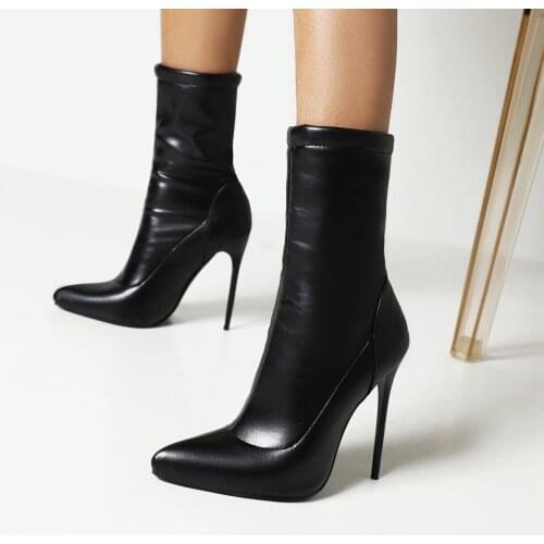 Super High Stiletto Pointed Toe Frosted Flock Autumn And Winter Warm Socks Boots Short Plush Inner Sleeve Women Mid-Calf Boots