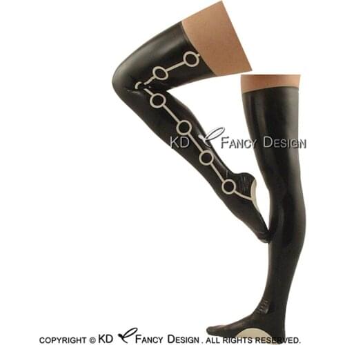Black And White Sexy Long Latex Stockings With Ring Decoration Rubber Thigh High Stockings WZ-0026