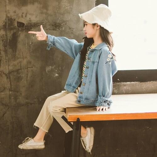 2020 Spring Autumn Girls Fashion Flower Printing Denim Jacket New Korean Childrens Wear 4-13 Years Old Kids Coat Outerwear X379