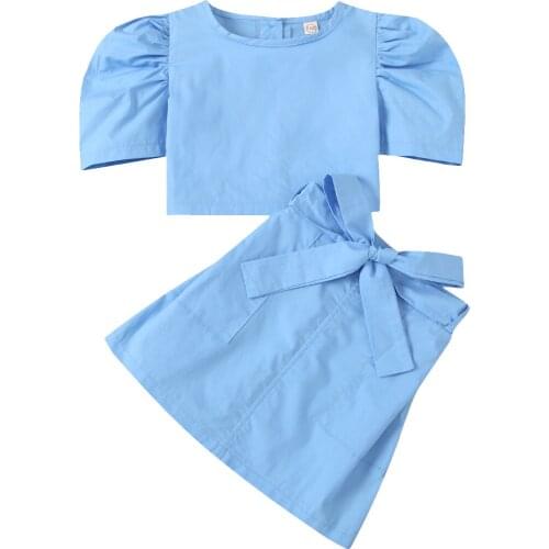 2021 Summer Baby Short Sleeve + Skirt with Bow Decoration Puff Sleeve Sweet Summer Clothing (Blue) Hot Sale