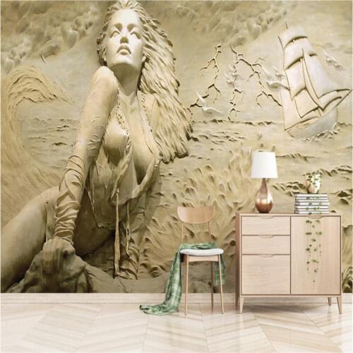 European 3D Stereoscopic Relief Golden Seaside Sexy Beauty Background Wall Mural Wallpaper 3D Modern Embossed Art Wall Paper 3D