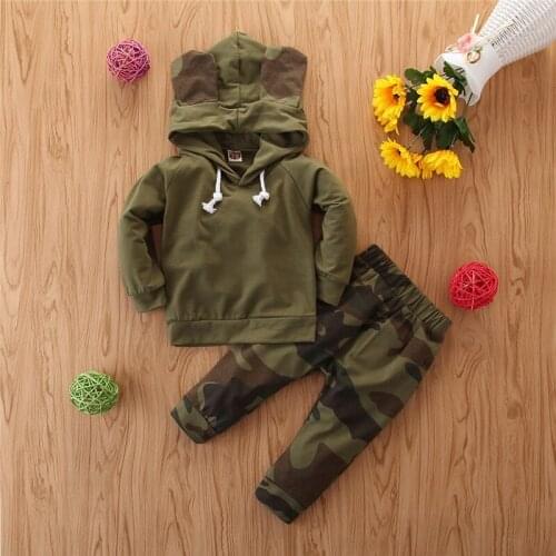 Newborn Baby Boy Girls Long Sleeve Army Green T-shirt Hooded Tops + Camouflage Pants Outfit Suit Casual Clothes