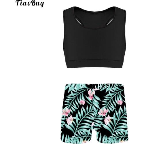 TiaoBug Summer 2Pcs Kid Girls Outfit Tank Top With Letters Floral Printed Bottoms Set For Swimming Yoga Sport Fitness Gym