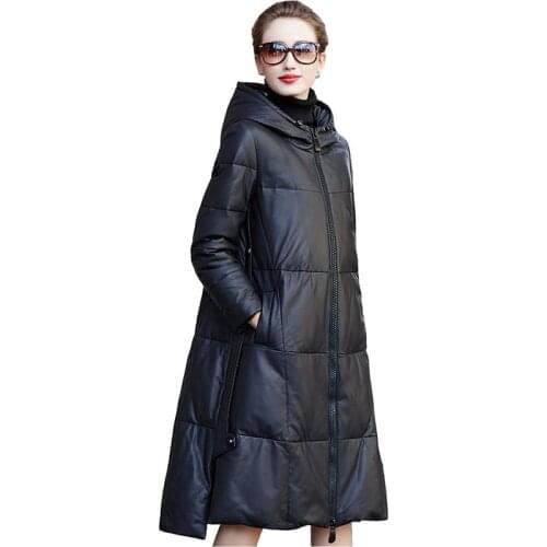 New High quality Genuine Leather Coat Women Winter Down Jacket Sheepskin Outerwear Plus size A-line Cloak Hooded Long Coats KW28