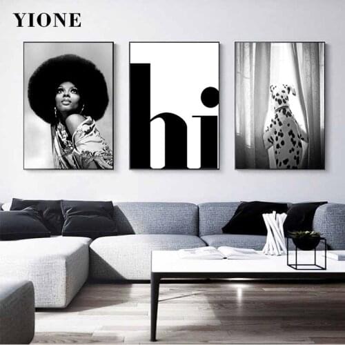 Modern Art Vogue Posters Prints Black and White African Woman Feather Dog Canvas Picture Wall Decoration Painting for Girl Room