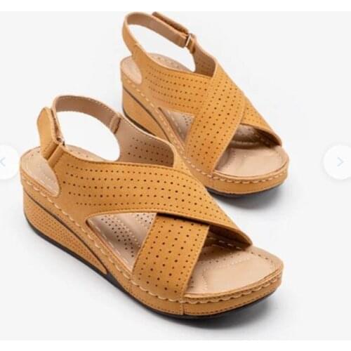 New Summer Shoes Women Sandals Sewing Hollow Wedge Women Casual Shoes Pu Leather Comfortable Retro Sandals Large Size 40-44