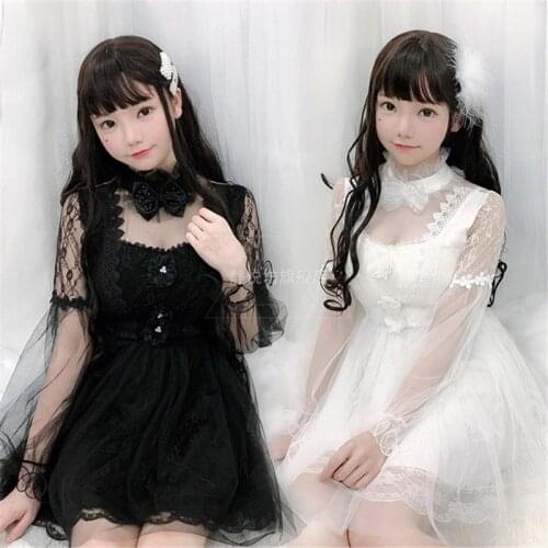 Sexy Japanese Lolita Lace Dress Women Cosplay Costume Long Sleeve Kawaii Girl Fancy Princess Tea Party Loli Cos Vestidos