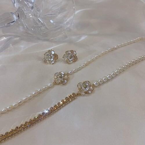 Pearl Camellia Clavicle Chain Silver Needle Earrings Female Summer Light Luxury Temperament Ins Cold Style Fairy Necklace