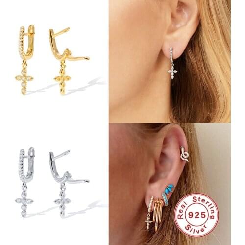 BOAKO 100% 925 Sterling Silver Hoop Earrings Zircon CZ U Shaped Cross Pendant Earring For Women Pendiente European Jewelry 1Pair