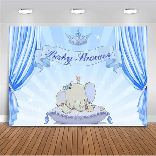 Light Blue Glittering Baby Shower Party Backdrop Elephant Crown Photography Background Decorative Banner