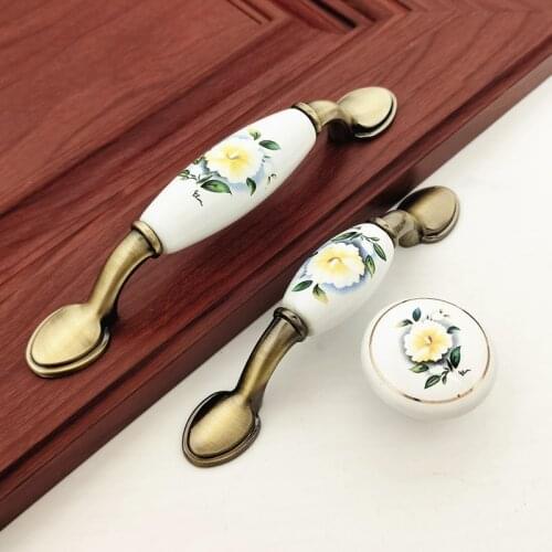 Vintage Ceramic Handle Cabinet Pulls Drawer Knob Yellow Flower Furniture Hardware Handle Kitchen Door Cupboard Handle Zinc Alloy