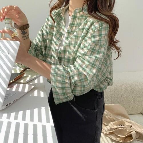 Retro Plaid Polo Collar Long-sleeved Shirt Female Design Sense Niche Autumn 2021 New Loose and Thin Top Plaid Shirt Women
