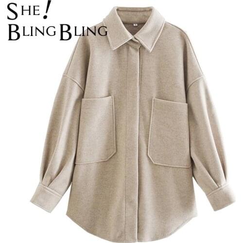 SheBlingBling Winter Women Shirt Coat with Pockets Vintage Long Sleeve Casual Manteau Femme Hidden Button Tweed Loose Tops