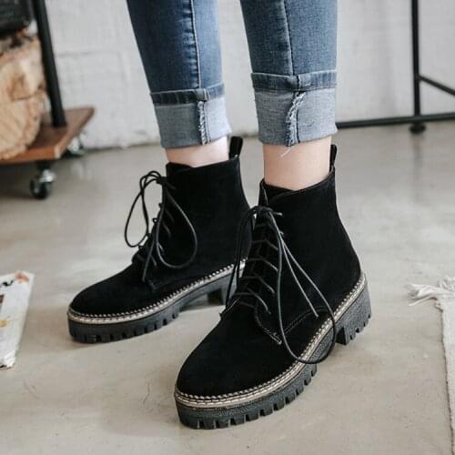 PXELENA Hot Sale Lace Up Boots Ladies Shoes Round Toe Faux Suede Chunky Block Med Heels Punk Motorycle Gothic Ankle Boots