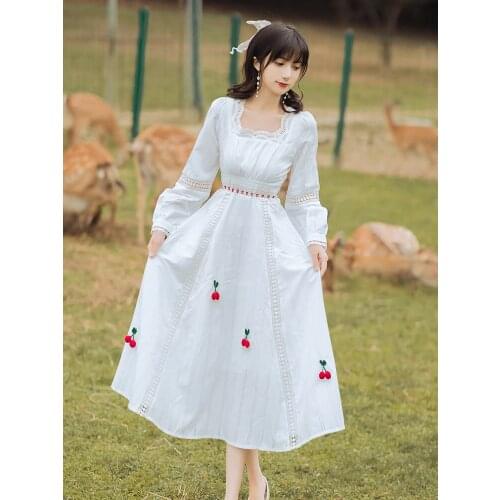 Cherry Sweet Fairy Gentle Wind Dress Lantern Sleeve Lace Hollow Square Collar Elegant Retro Vestido French White Princess Dress