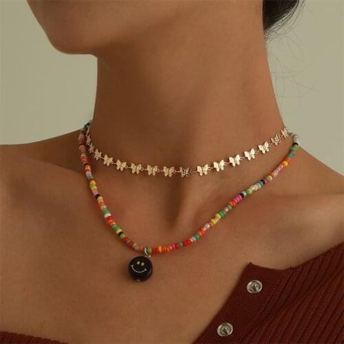 Boho Goth Necklace Colorful Rice Beads Choker Smiley Pendant Jewelry Gold Butterfly Chain Necklaces for Women Collier Femme