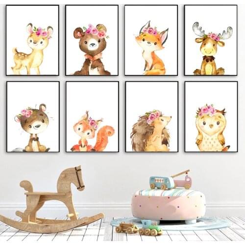 Animal Rabbit Sika Deer With Flowers Nursery Wall Art Canvas Painting Posters And Prints Wall Pictures Baby Kids Room Décor
