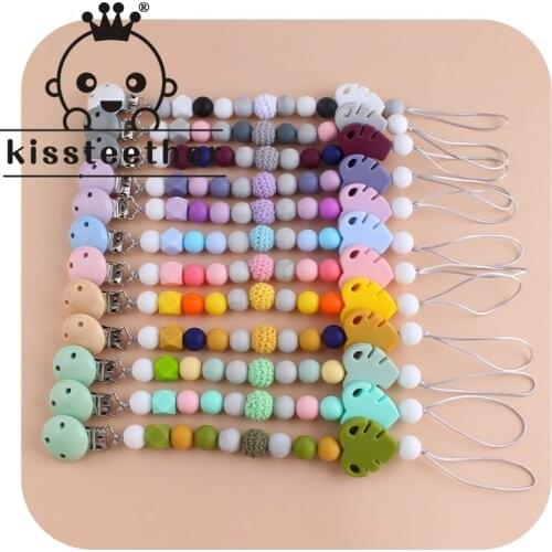 Kissteether 1pcs Food Grade Silicone Beads Teether Nursing Pacifier Clip Holder Chain Banana Leaf Nipple Holder for Infant