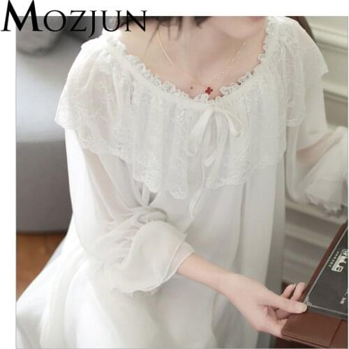 White Sexy Vintage Nightgown Princess Milk Silk Lace Top Floral Cotton Night Robe For Women Summer Clothes Brand Mozjun #MZ101