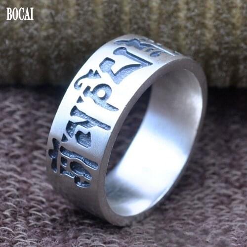BOCAI real S925 pure silver jewelry six-character mantra big Buddha mantra man and woman models good luck ring