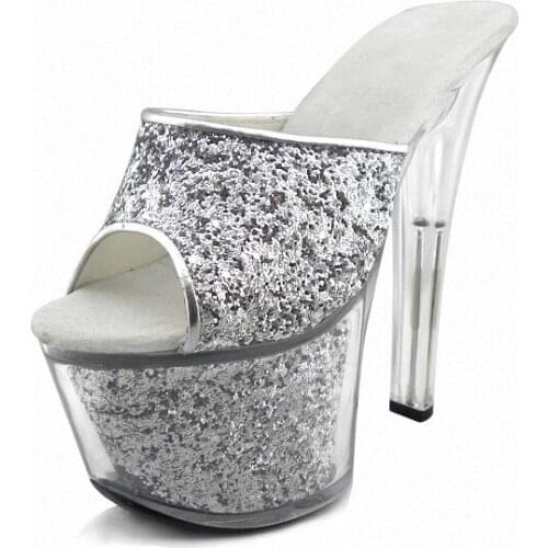 17cm Ultra High Heels Sandals Glitter Platform Bride Wedding Shoes Dance Shoes 7 Inch Crystal Shoes Plus Big Size