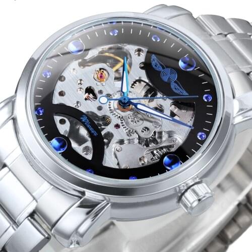 Winner Blue Ocean Fashion Casual Designer Stainless Steel Skeleton Watch Men Mens Watches Top Brand Luxury Automatic Clock Gift