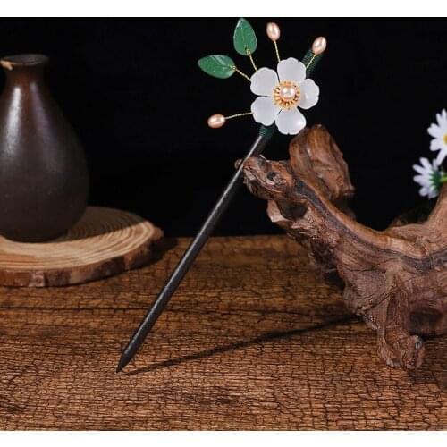Handmade Ethnic Black Ebony Penoy Flower Wood Hair Sticks Resin Chinese Style Hair Stick Ancient Wooden Hairpin Hair Jewelry