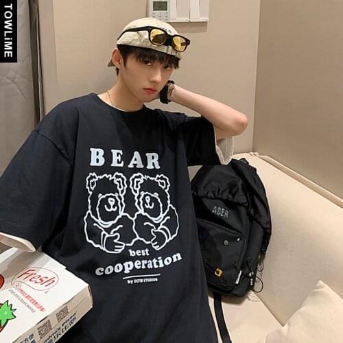 100% Cotton T Shirts For Men Harajuku Streetwear Cartoon Bear Printed Half Sleeve Couple Tops Women Oversized Casual Tees