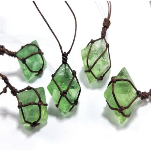Emerald Crystal Pendant Healing DT Gemstone Wand Reiki Green Fluorite Wrap Braid Necklace Yoga Macrame Stones And Crystals