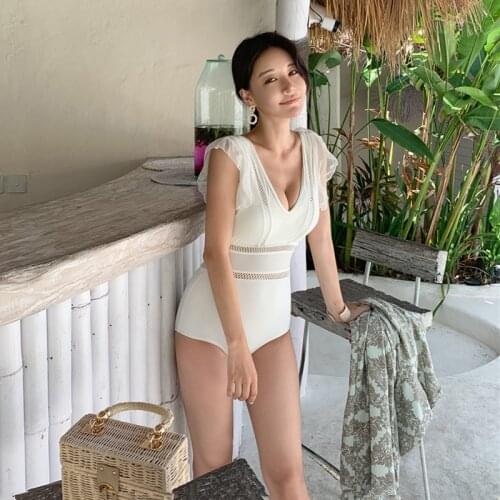 Sexy Mesh One Piece Swimsuit Women Solid Swimwear Mesh Monokini Push Up Swim Suit Ruffle Trikini Bathing Suit Korea Style White