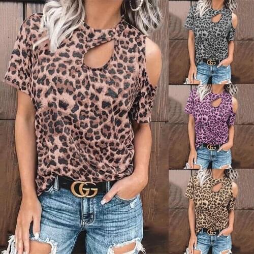Leopard O-Neck tshirts Woman Tops Short Sleeve Loose T-shirt Women Casual Hollow Tops Tee Shirts Female Harajuku Mujer Camisetas
