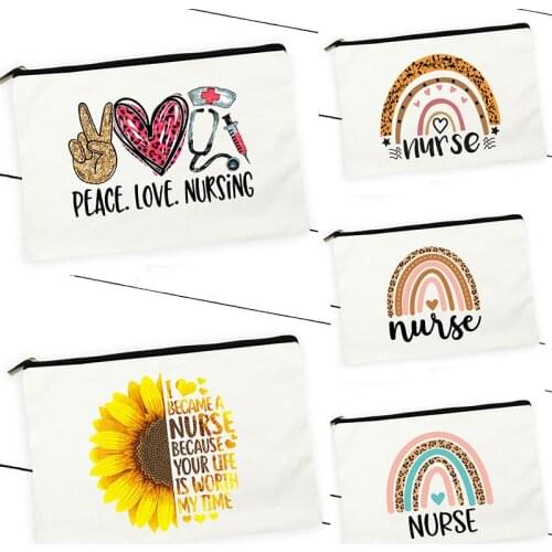 Hot Sale Nurse Rainbow Printing Women Cosmetic Bags Lovely Casual Travel Portable Storage Handbags Makeup Bag Toiletry Bags