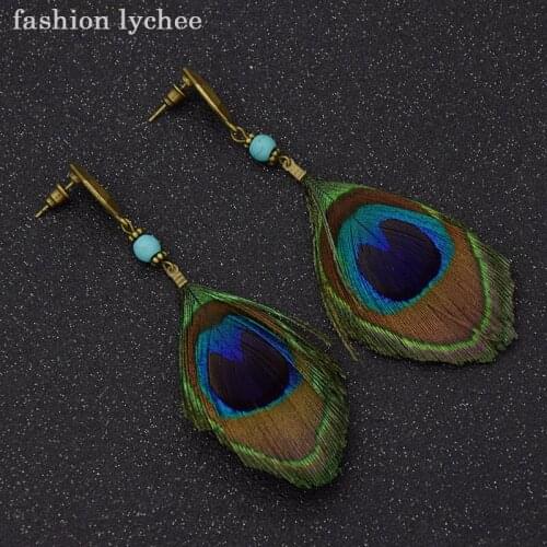 Fashion lychee Bohemian Ethnic Natural Peacock Feather Dangle Earrings For Women Elegant Long Tassel Drop Earring Jewelry