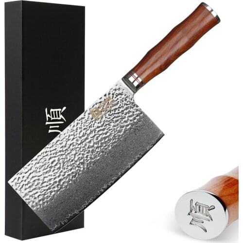 Sunlong Meat Cleavers 7 inch Damascus Vegetable Cleaver Japanese VG10 Hammered Damascus Steel Rose Wooden Handle
