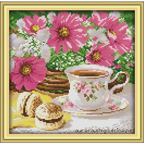 Red flower Afternoon tea cross stitch kit flower food 18ct 14ct 11ct printed canvas embroidery DIY handmade needlework plus