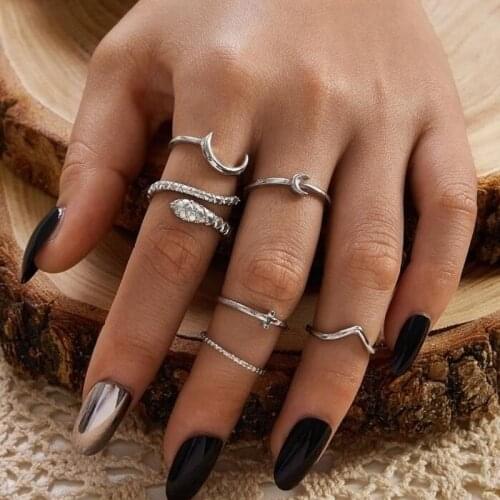 6Pcs/ Set Boho Women Rings Set Moon Snake Shape Vintage Silver Color Midi Ring Set Charm Lady Lover Gift J011